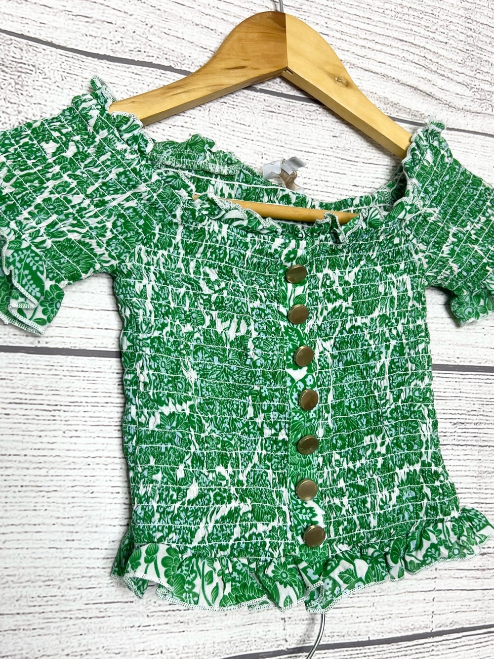 Olivaceous Green & White Floral Smocked Crop Top & Midi Skirt Set Size Small - Picture 5 of 16